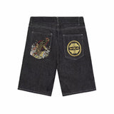 Selling Popular Style Y2K Hip Hop Original Dormitory Gothic Style Funny Style Printed Denim Shorts For Men-Outfit