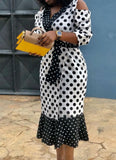White and Black Polka Dot Cut Out Shoulder Mermaid Midi