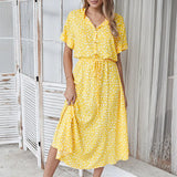 Women Dresses Summer Casual Boho Dot Print Shirt Dress Holiday Beach Short Sleeved Female High Waist Midi