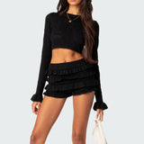 Women Shorts Outfits Solid Color O-Neck Flare Long Sleeve Knit Sweater Crop Tops+Layered Ruffles Shorts 2 Pieces Set-Outfit