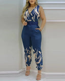 Fashion Sleeveless Playsuits With Belt 2024 Spring/Summer New V-neck Backless Printed High Waist Jumpsuit For