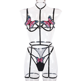 Butterfly Embroidery3 Pieces Lace Bra And Panty Set Women Bra Underwire Intimate Lingerie Set Rave Party Outfit Beach