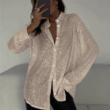 2025 New Pearl Blouse Collared Long-Sleeved Sleeve-Jersey Basic Women's Shirt