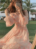 Party 2022 Spring Vintage Midi Dress Women Elegant Princess Lantern Sleeve Floral Fairy Dress Casual Sweet Beach Korean Party