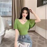 Small Sexy V-Neck T-Shirt Summer Pink Top Women's Lotus Side Of The Ocean With Thin Collarbones Cover Short