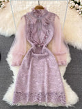 Dot Mesh Lantern Sleeve Stitching Embroidery Dress Women's See Through Purple Hollow Out Lace Midi Vestidos