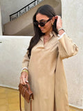 Split Lapel Long Dress Women Solid Long Sleeved V-neck Oversize Dresses 2024 Spring Summer Casual Beachwear Vestidos-Outfit