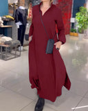 Autumn And Winter New Leisure Loose Solid Color V Collar Long-Sleeved Dress
