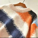 Winter Contrasting Colors Sweaters Striped Spliced Casual O-Neck Female Clothing Stylish Hollow Out Knitted Midi Jumpers-Outfit