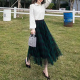 Fashion Lattice Tulle Pleated Skirt 2023 Summer New Elegant Office Lady Commute All-match Elastic High Waist Midi