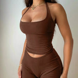Solid Summer Halter Two Piece Sets Fashion Outfit Halter Backless Crop Top and Shorts Matching Set Slim Co-Ord
