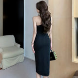 Sleeveless Dresses Women Diamonds One Shoulder Split Diagonal Collar Slim Stretch Party Dress Ladies Temperament-Outfit