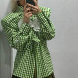 Women's Y2K Vintage Plaid Belted Elegant Long Sleeve Shirt Turn-down Collar Button-down with 3D Flower Fall Slim Tops-Outfit