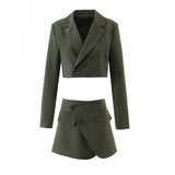 Sexy Cropped Blazer+Skirt Two peice set Women Corduroy Blazer High Waist Irregular Cross Slit Mini Skirt Long Sleeve