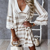 Printed Mini Dress V-neck Casual Lace Fashion Beach Dresses 2021 Summer Elegant Flare Sleeve Patchwork Loose