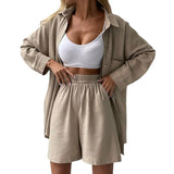Piece Sets Women Outfits Harajuku Spring Fall Clothes Solid Color Loose Long Sleeve Button-up Shirt Casual High Waist Short-Outfit