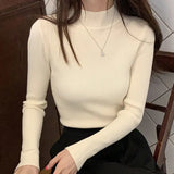 Neck Women Sweater Vintage Basic Solid Knitted Tops Casual Slim Pullover Autumn Winter Korean Tops Simple Chic Jumpers-Outfit