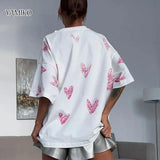 Round Neck Heart-shaped Printed T-shirt 2024 Fashion Hole Design Washed Short-sleeved T-shirt Loose Trendy Summer Top-Outfit