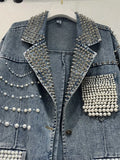 Women Denim Blazers Patchwork Notched Collar Pearls Diamond Embroidered Flares Suit Jackets 2024 Summer New Fashion 29L6434-Outfit