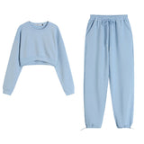 Autumn Women Sportswear Hoodies Pants & Casual Short Pullovers Sweatshirt 2 Piece Suit Sets Fashion Solid Blue