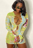 Print Green Sexy Lace-Up Mini Club