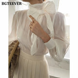 Elegant Chic Turtleneck Lace-up Solid Blouses Tops for Women Full Sleeve Loose Female Pullovers Shirts 2021