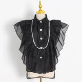 Casual Shirt For Women Lapel Sleeveless Solid Patchwork Ruffle Trim Blouses Female Summer Clothing Style New