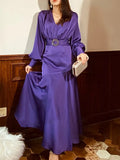 Spring Dress For Women V Neck Lantern Sleeve High Waist Solid Minimalist Midi Dresses Female Fashion Clothing