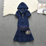 Set Hooded Zipper Top And Skirts Women Sweet Style Short Sleeve Femmel Two Piece Set S-XL Pink Color Cute