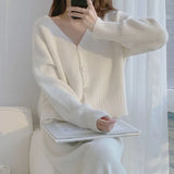 New Soft Breeze Loose Simple College Sweater Short Style Solid Color Soft Waxy V-Neck Knitted Cardigan Girl-Outfit
