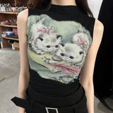 Woman Tshirts 2023 Ropa Mujer Crop Tops Half High Collar Sleeveless Tunic Tees Cat Print Fashion Casual Y2k T Shirt 7k741-Outfit