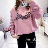 Clothing Casual 3D Letter Sweatshirts Fashion Pearl Beading Spring Autumn Korean Loose O-Neck Lace Patchwork
