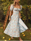 2022 Off Shoulder Print Floral Sexy Dress Women Vintage Elegant High Split Sundress Ruched Drawstring Casual Maxi
