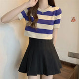 Classic Bump Striped Short-Sleeved Ice Silk Knitted Women's Summer T-Shirt Short Repair Small Shirt