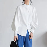 Vintage Chiffon Shirts Women Lantern Sleeve Black Blouses Korean Elegant Office Lady Solid Loose Casual Tops New-Outfit