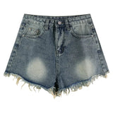 Women's Raw Edge Short Jeans For Summer Blue High Waisted Y2k Fashion Distressed Korean Version Washed Loose Denim Pants