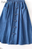 Vintage Denim Midi Skirt Women 2023 Spring Summer A Line HIgh Waist Knee Length Jeans Skirt Female with Pocket School 425-0-Outfit