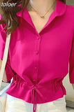 Women Solid Turn-down Collar Half Sleeve Chiffon Shirt Fashion Casual Shirring Single-breasted Blouses Female 703-1-Outfit