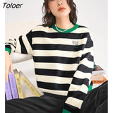 Women Sweaters 2022 Autumn Long Sleeves O Neck Loose Tops Striped Letter Embroidery Casual Chic Knit