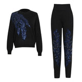 Casual Two Piece Set For Women Round Neck Long Sleeve Blouse High Waist Trousers Female Colorblock Suits 2022