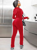 Casual Velvet Zipper Stacked Long Sleeve Top And Pant 2 Piece