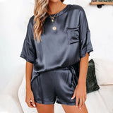 Womens Silk Satin Pajamas Pyjamas Set Short Sleeve Sleepwear Pajamas Suit Female Sleep Two Piece Set Loungewear Home
