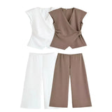 New Women's Pin Texture Sleeveless Vest Shirt Casual Trousers