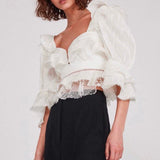 Vintage Patchwork Lace Shirt Female Square Collar Puff Sleeve Hollow Out Ruffles Short Blouse Women Fashion