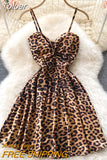Twist V-neck Spaghetti Strap Mini Party Dress Women Leopard Print Sleeveless High Waist A-line Club Night Out Dress