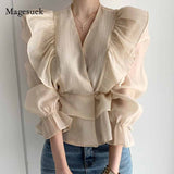 Ruffled Deep V-neck Silk Shirt Fashion Female Vintage Slimming Chiffon Blouse Solid Sweet Flare Sleeve Woman's Shirt