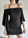 Shoulder Design Beads With Hanging Neck Horn Sleeve Tops The Folding Tight Waist Thin Knitting Temperament