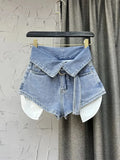 Women's Denim Shorts High Waist Fluorescent Green Cuffs Design Belt Wide Leg Short Pants 2024 Summer New Fashion 29L1819-Outfit