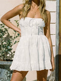 Women Summer A-line Mini Dress Lace Strapless Off Shoulder Tie-Up Buttons Dress Fashion Backless Female Vestidos 2023-Outfit
