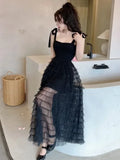Woman Dress Sleeveless Bandage Bow Mesh Patchwork Layered 2024 Summer Elegant Dresses Party Ladies Black Temperament-Outfit